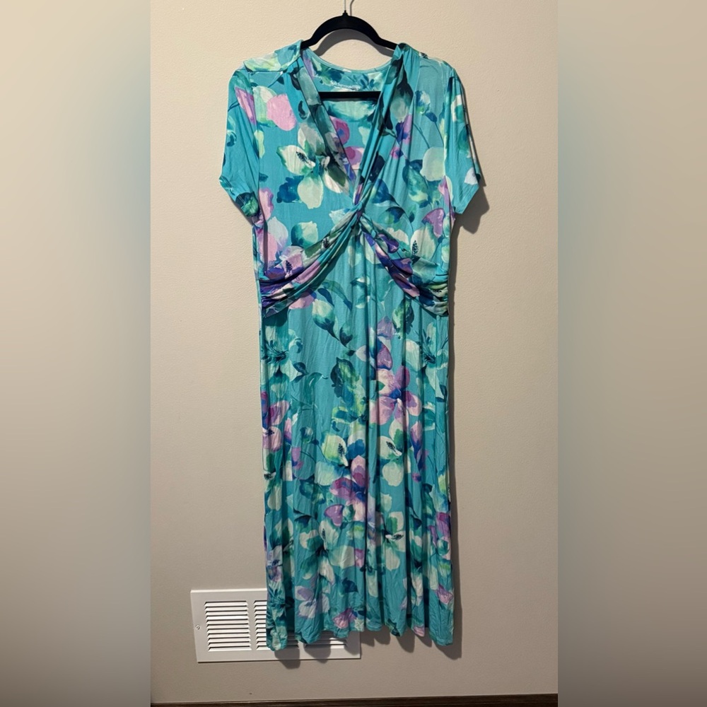 Soft Surroundings Watercolor Blue Floral Viscose Dress Womens Large Maxi EUC
